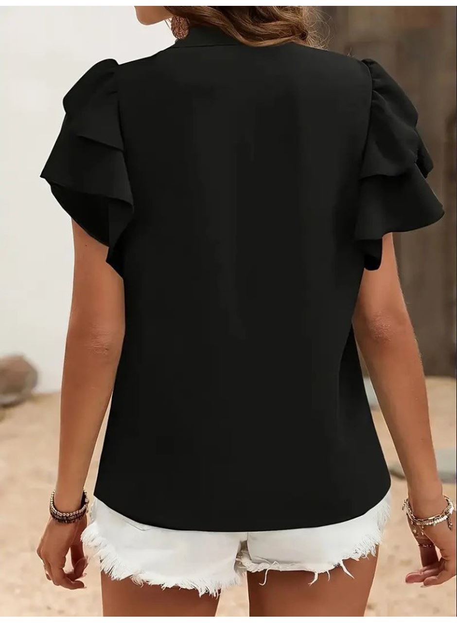 Kadın Kısa Kollu V Hakim Yaka Kolları Fırfırlı Dubai Bluz