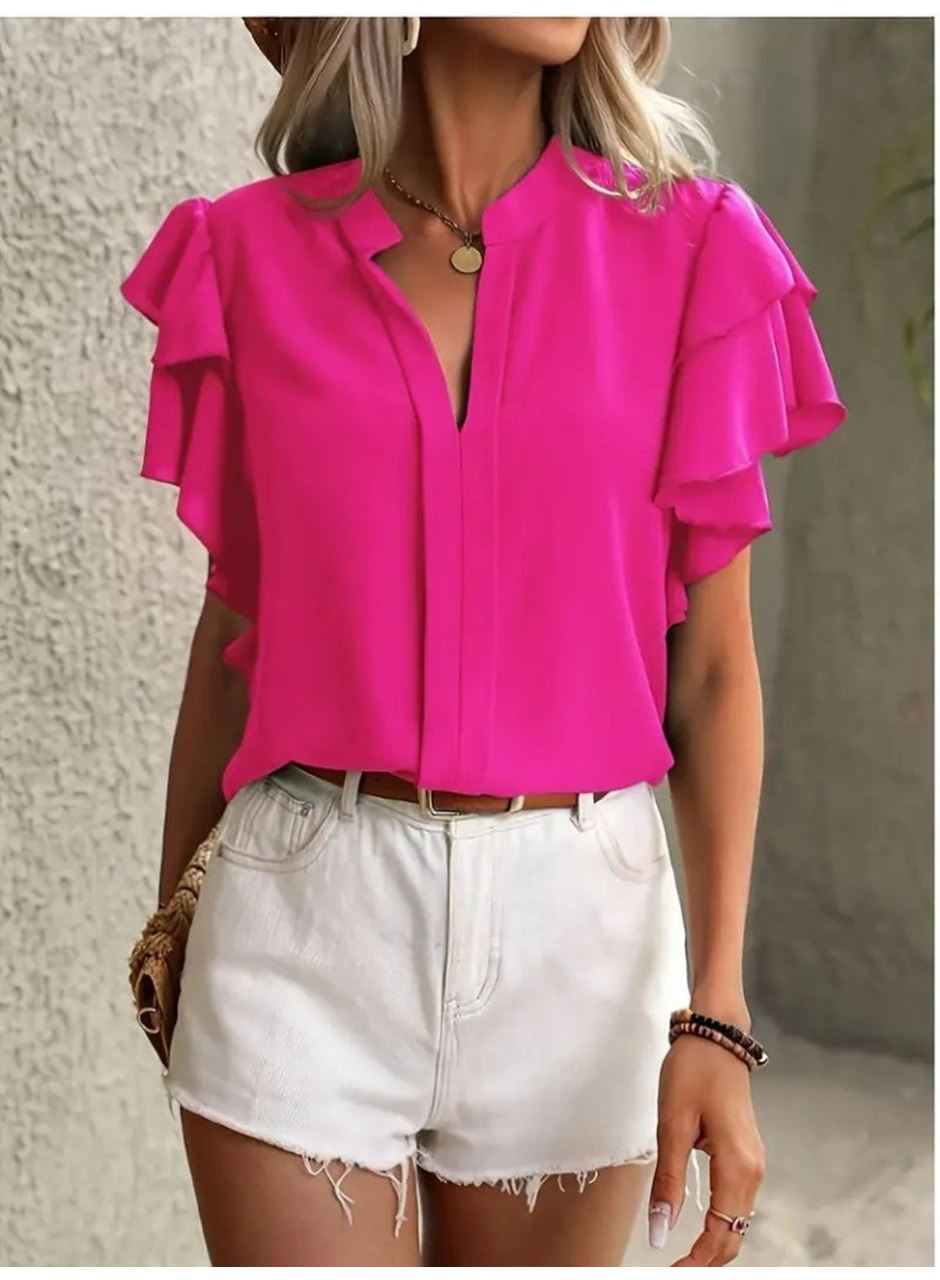 Kadın Kısa Kollu V Hakim Yaka Kolları Fırfırlı Dubai Bluz