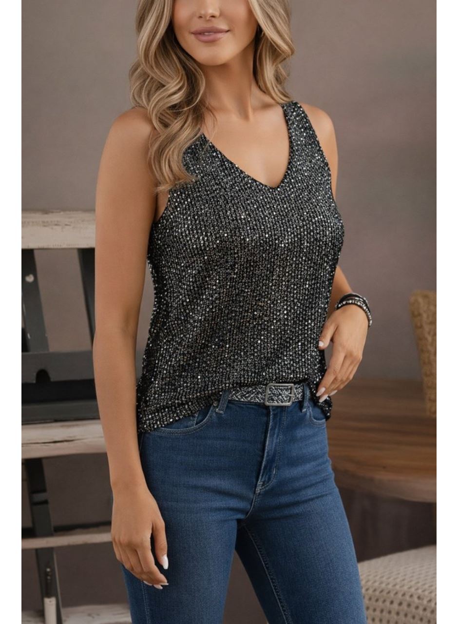 Kadın Askılı V Yakalı Pulpayetli Bluz