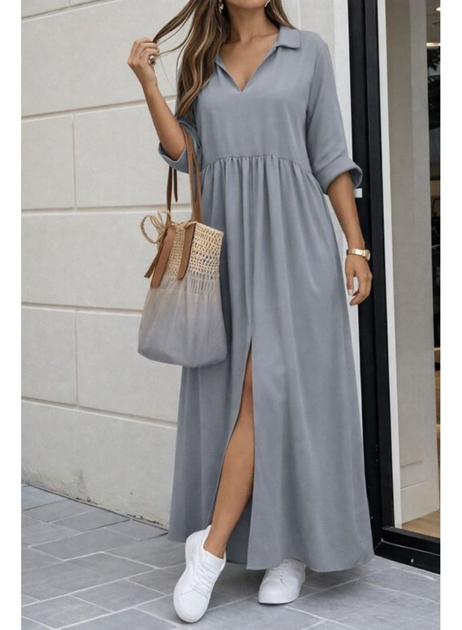 Kadın Truvakar Kollu V Yakalı Yırtmaçlı Uzun Aerobin Elbise