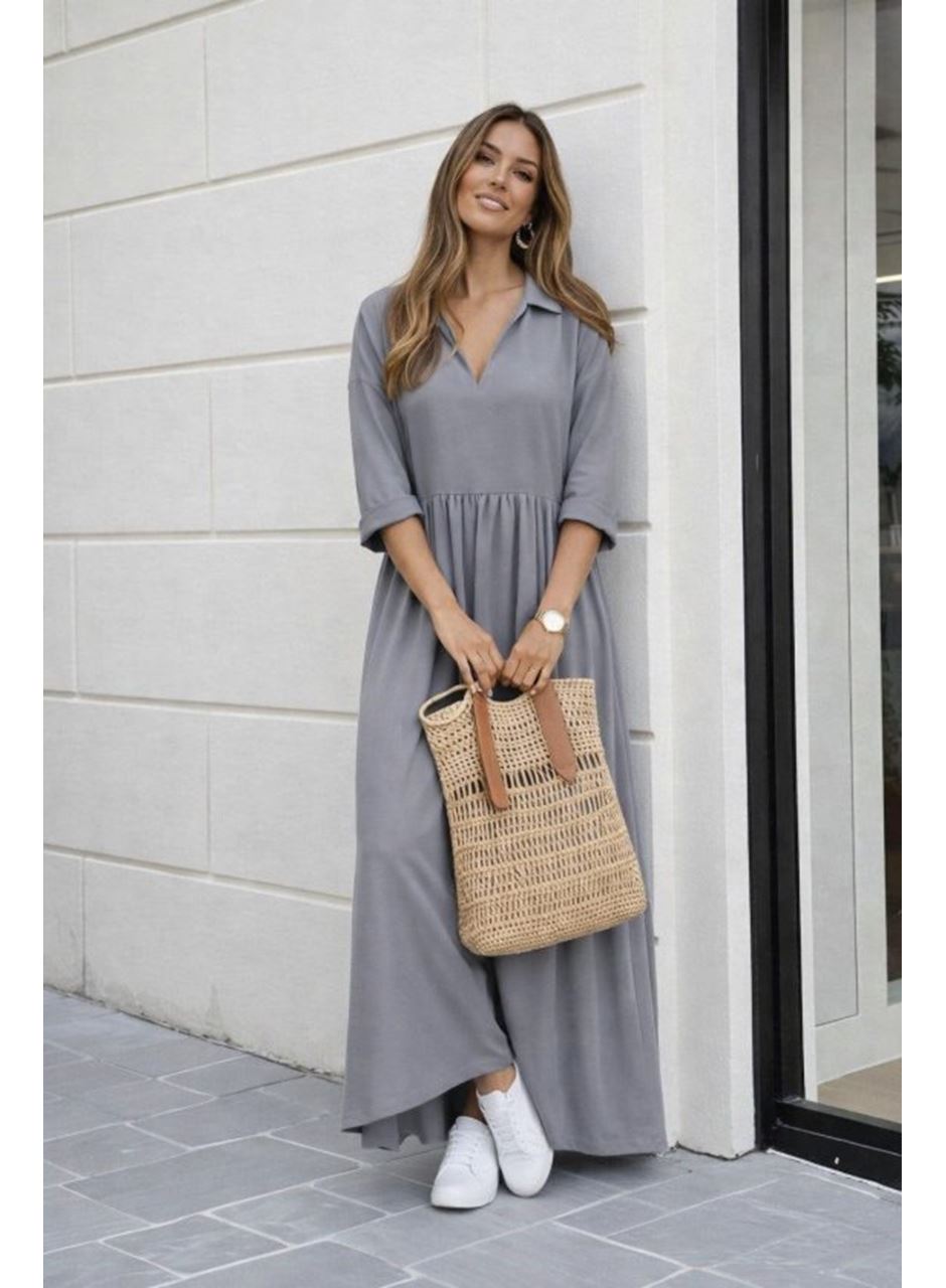 Kadın Truvakar Kollu V Yakalı Yırtmaçlı Uzun Aerobin Elbise