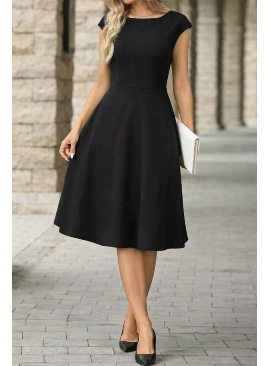 Kadın Yarım Ay Kollu Yakası Acık Kemersiz Midi Ithal Krep Elbise