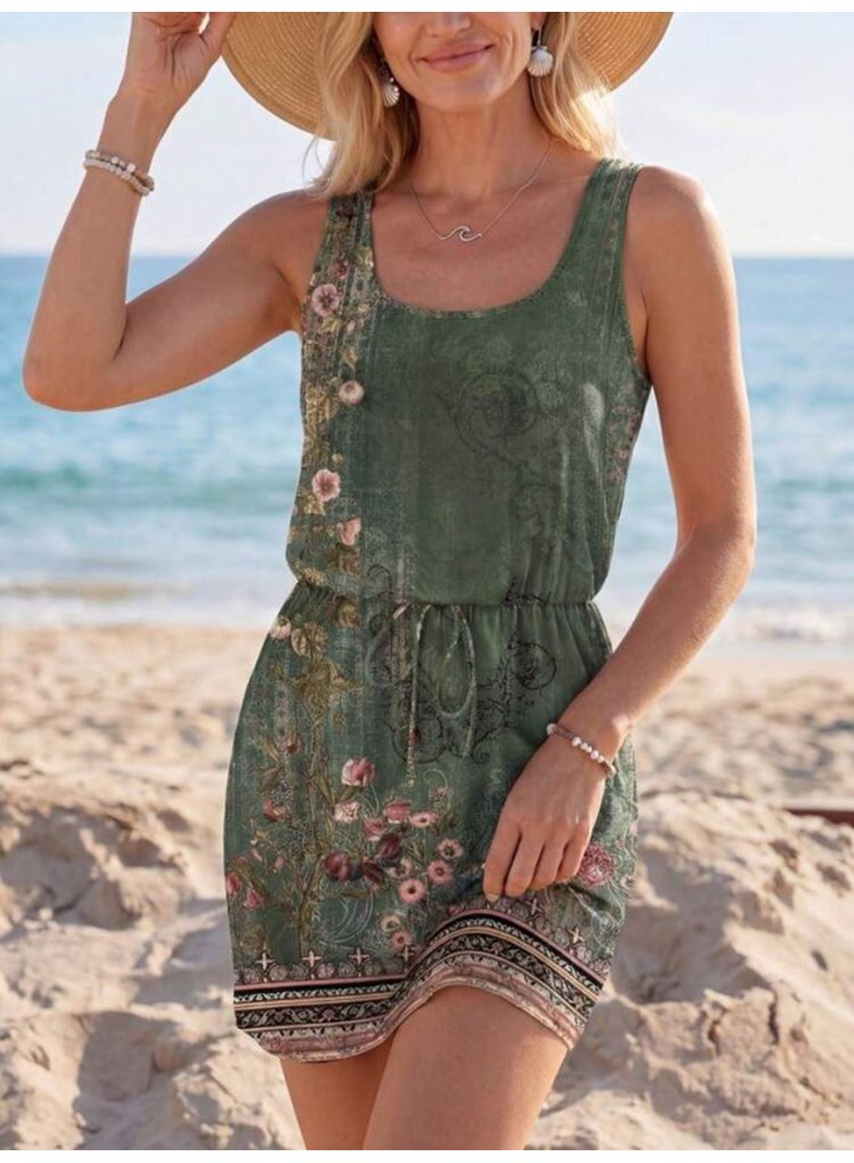 Kadın Askılı Yuvarlak Yakalı Beli Kusaklı çiçek Desenli Kısa Süprem Elbise