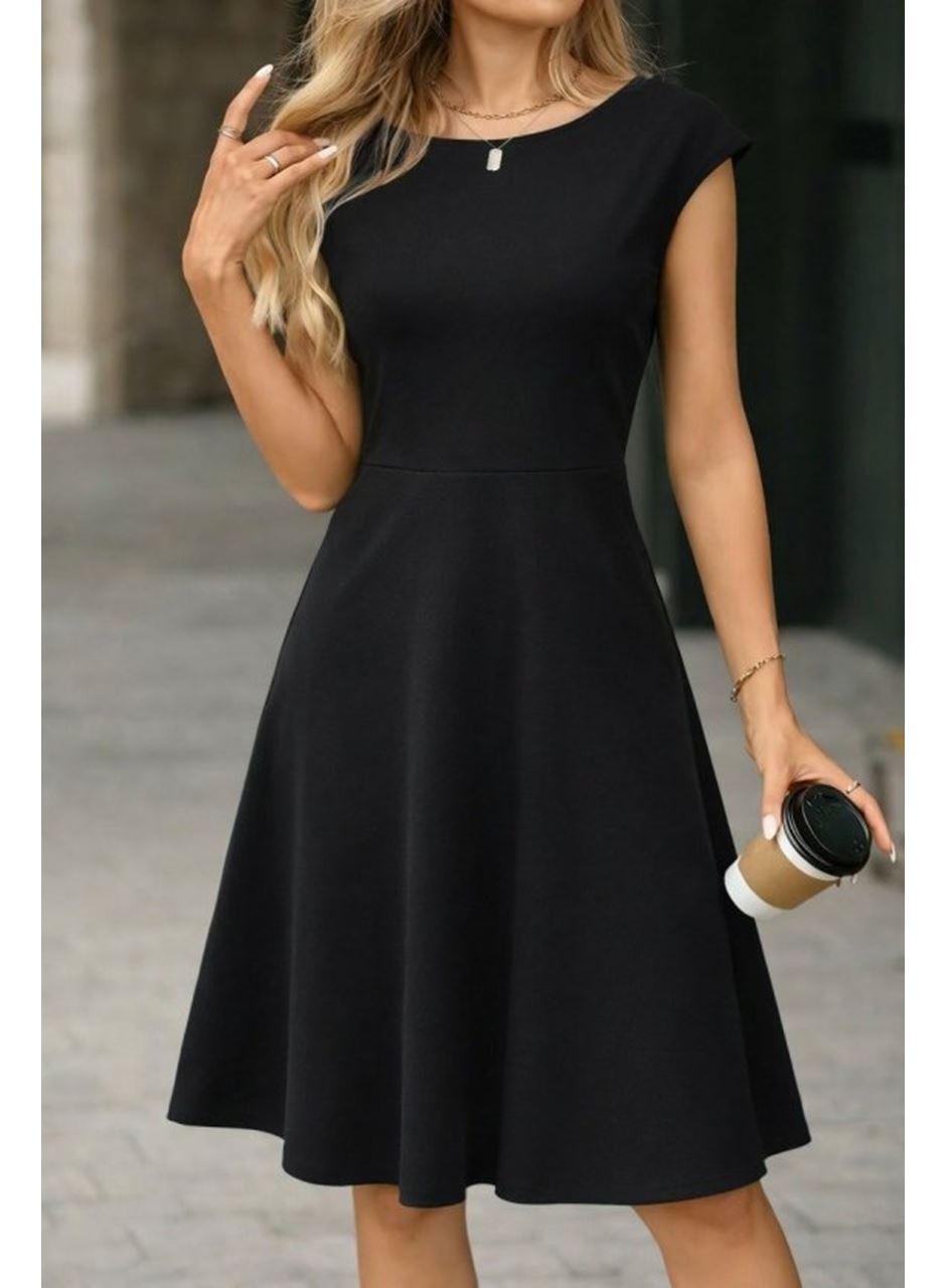 Kadın Yarım Ay Kollu Yakası Acık Kemersiz Midi Ithal Krep Elbise