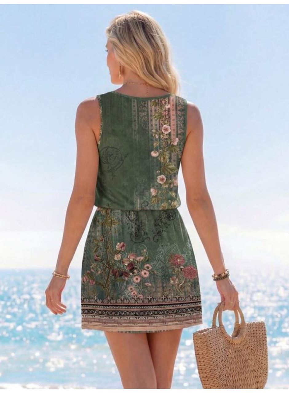 Kadın Askılı Yuvarlak Yakalı Beli Kusaklı çiçek Desenli Kısa Süprem Elbise