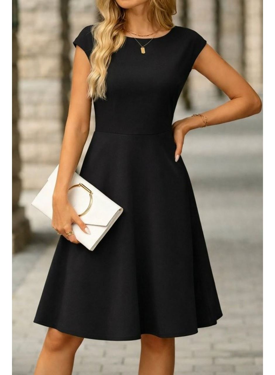 Kadın Yarım Ay Kollu Yakası Acık Kemersiz Midi Ithal Krep Elbise