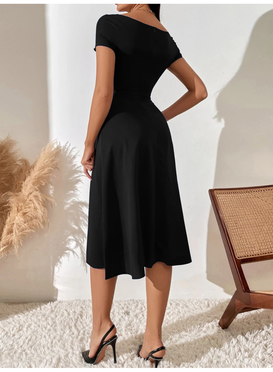 Kadın Kısa Kollu V Yakalı önden Pileli Janjan Krep Elbise