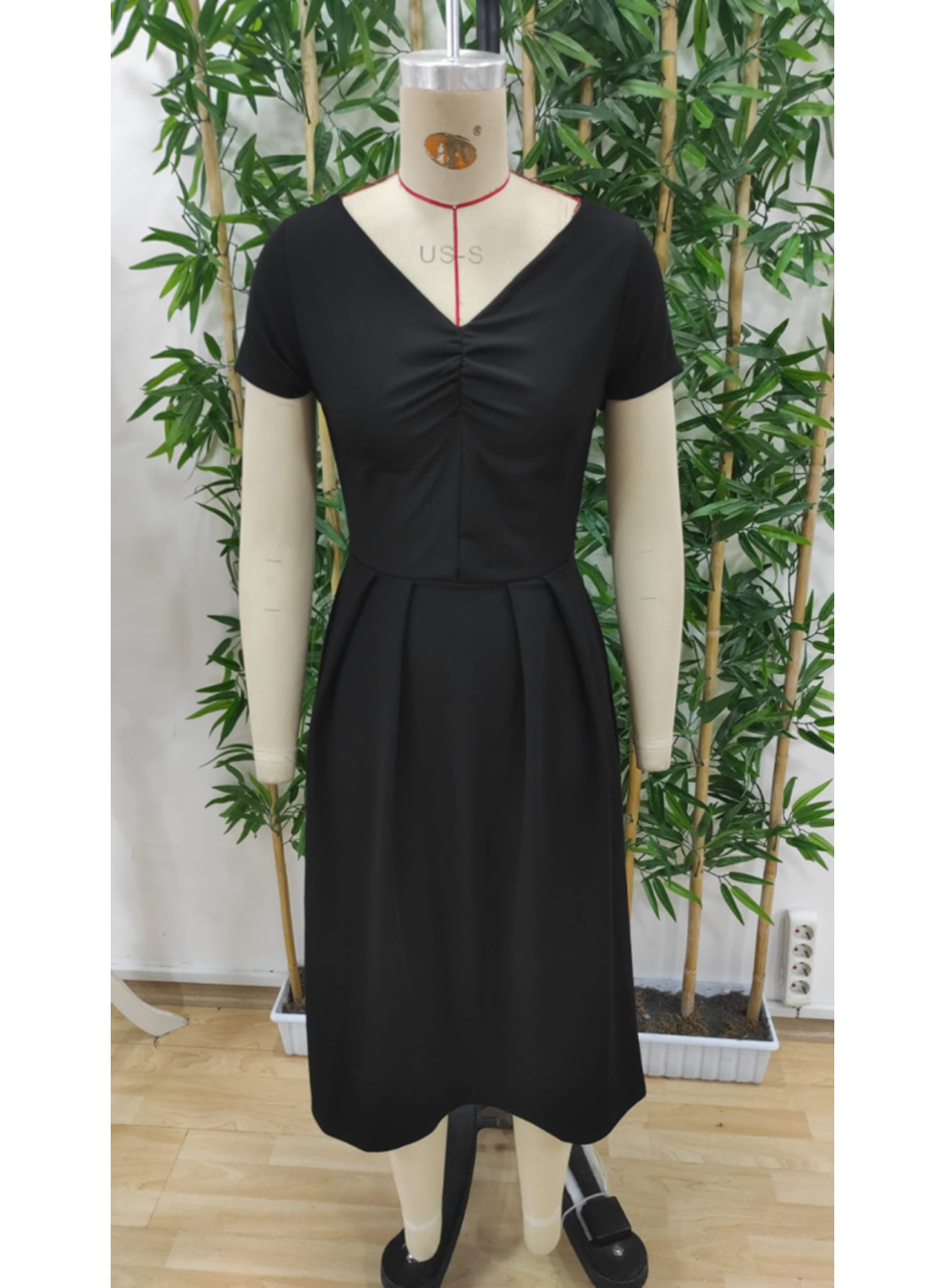 Kadın Kısa Kollu V Yakalı önden Pileli Janjan Krep Elbise