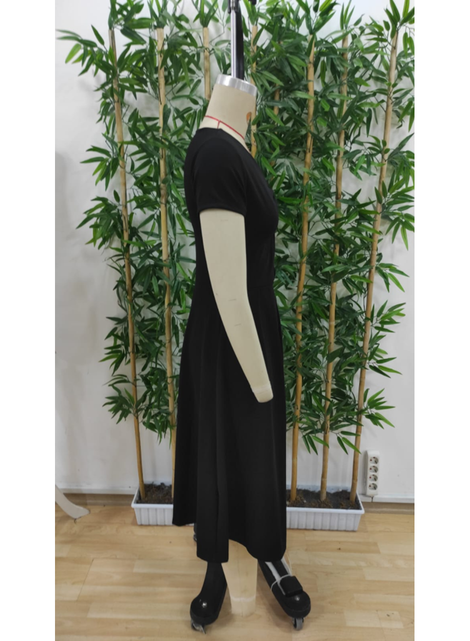 Kadın Kısa Kollu V Yakalı önden Pileli Janjan Krep Elbise