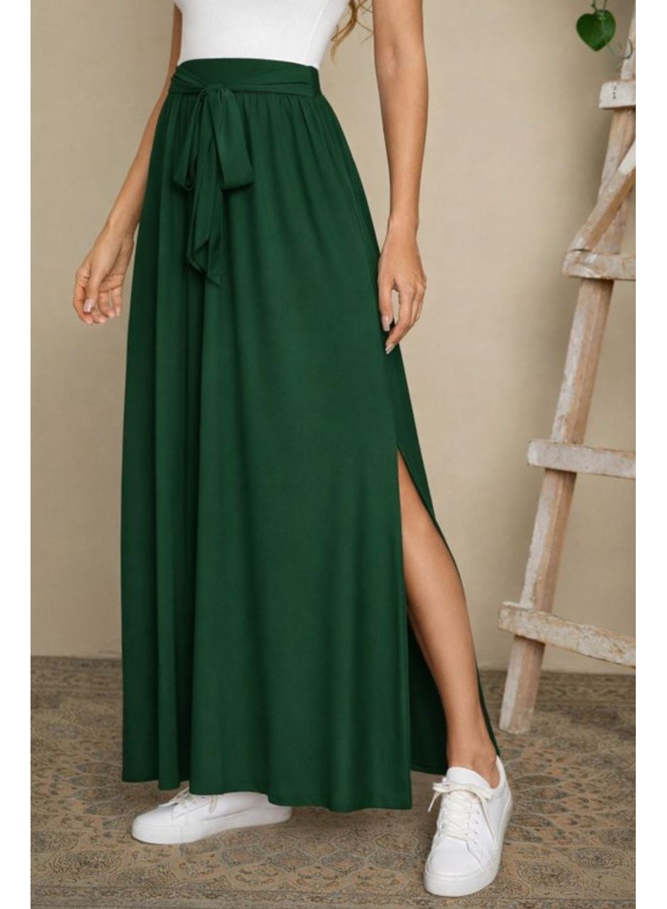 Kadın Yüksek Bel Bei Kuşaklı Yandan Yırtmaçlı Uzun Sandy Etek