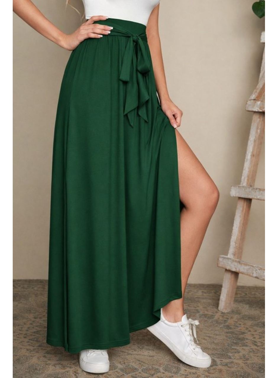 Kadın Yüksek Bel Bei Kuşaklı Yandan Yırtmaçlı Uzun Sandy Etek