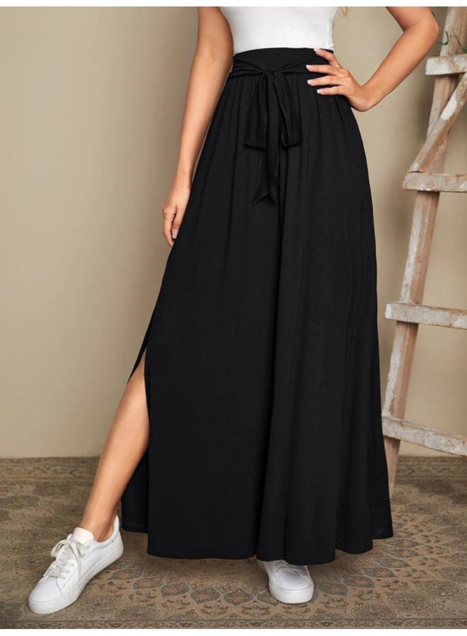 Kadın Yüksek Bel Bei Kuşaklı Yandan Yırtmaçlı Uzun Sandy Etek