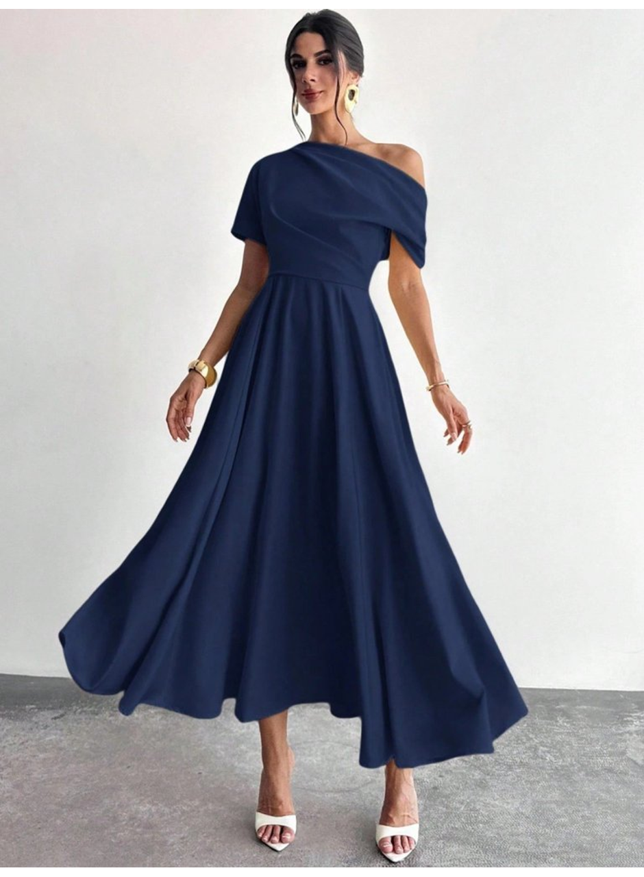 Kadın Omuzdan Açık Kısa Kollu Omuzdan Pileli Uzun Janjan Krep Elbise