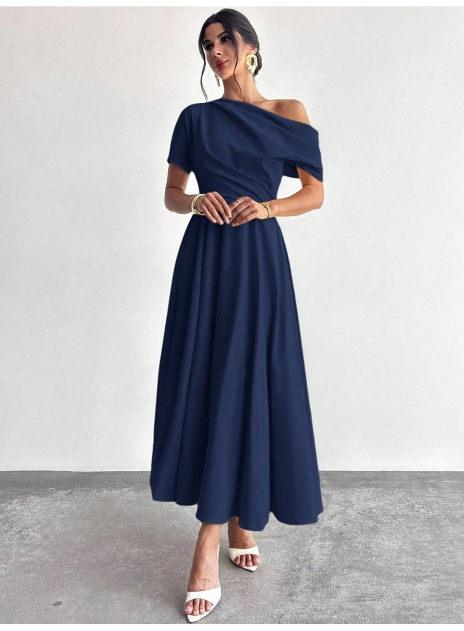 Kadın Omuzdan Açık Kısa Kollu Omuzdan Pileli Uzun Janjan Krep Elbise