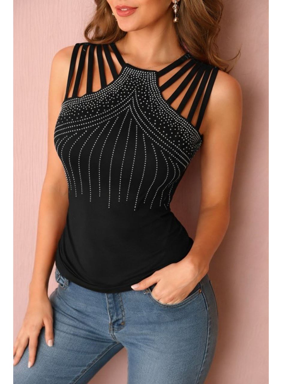 Kadın Omuzlardan Askı şerit Detaylı Taşlı Viskon Bluz