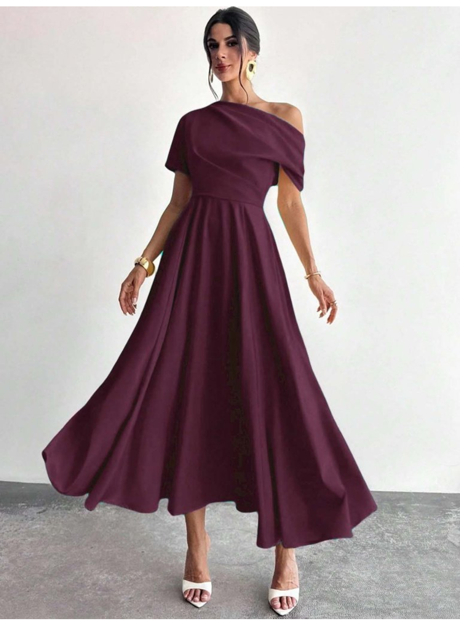 Kadın Omuzdan Açık Kısa Kollu Omuzdan Pileli Uzun Janjan Krep Elbise