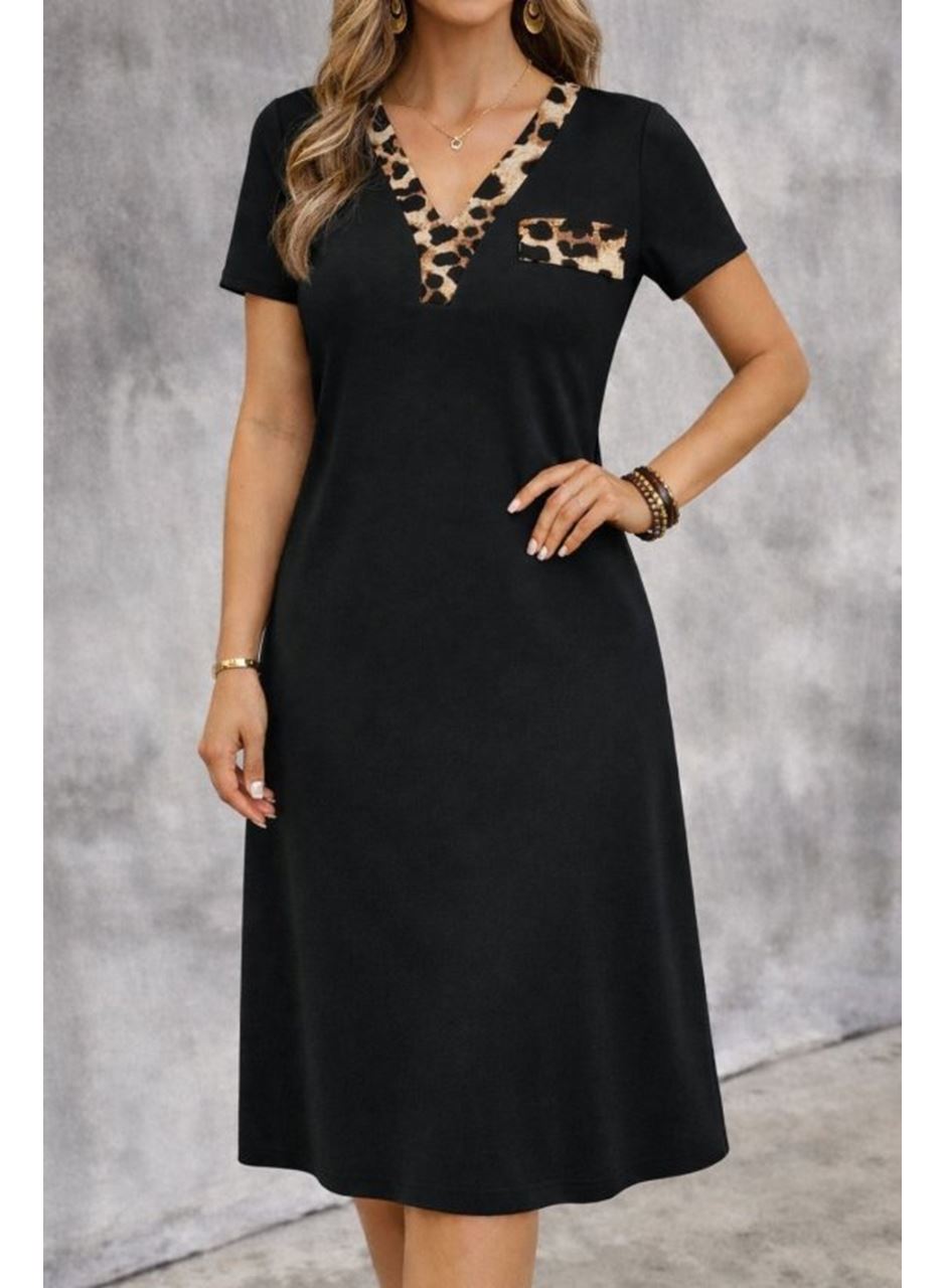 Kadın Kısa Kollu V Yakalı Süs Cep Detaylı Midi Viskon Elbise