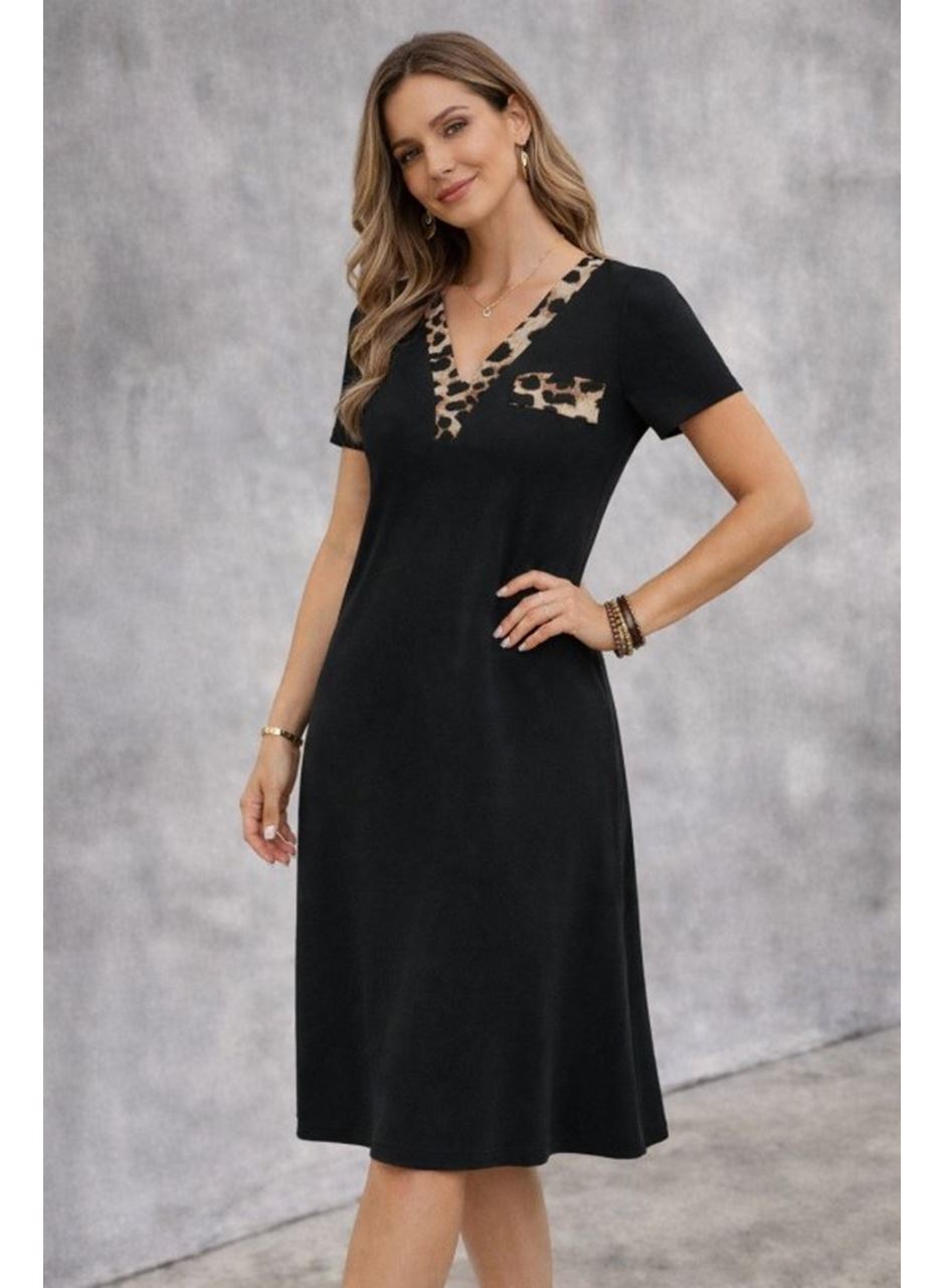 Kadın Kısa Kollu V Yakalı Süs Cep Detaylı Midi Viskon Elbise