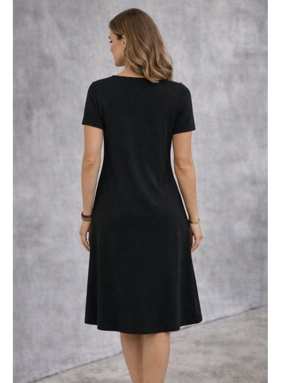 Kadın Kısa Kollu V Yakalı Süs Cep Detaylı Midi Viskon Elbise