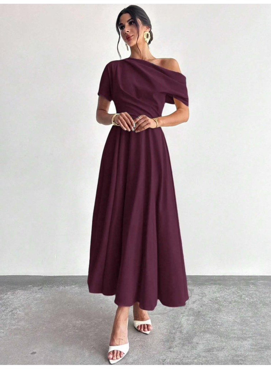 Kadın Omuzdan Açık Kısa Kollu Omuzdan Pileli Uzun Janjan Krep Elbise