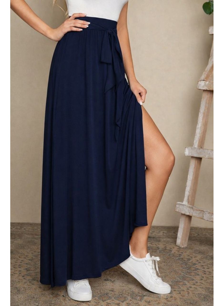 Kadın Yüksek Bel Bei Kuşaklı Yandan Yırtmaçlı Uzun Sandy Etek