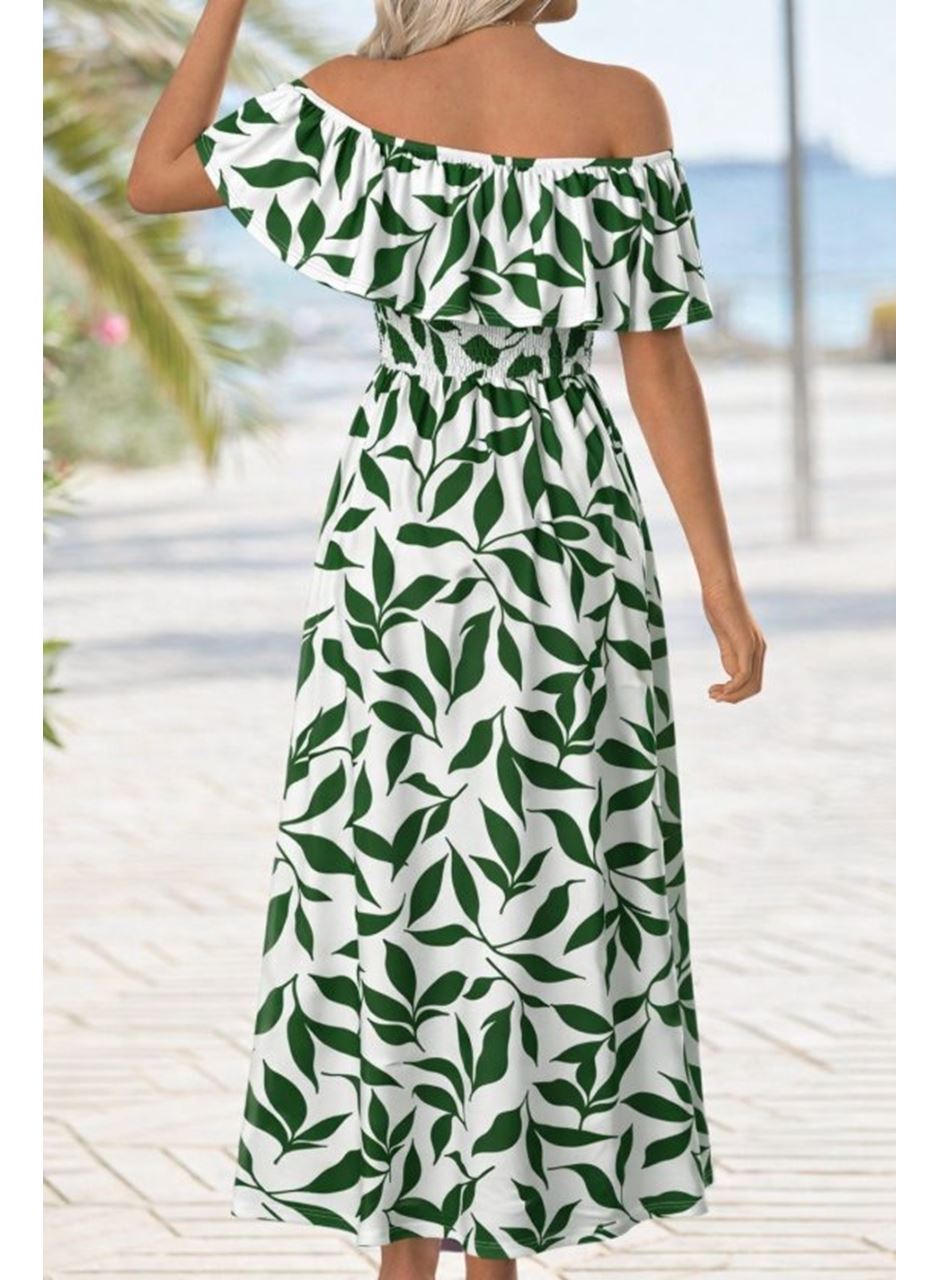 Kadın Madonna Yaka Göğüs Lastikli Yırtmaçlı Uzun Desenli Süprem Elbise