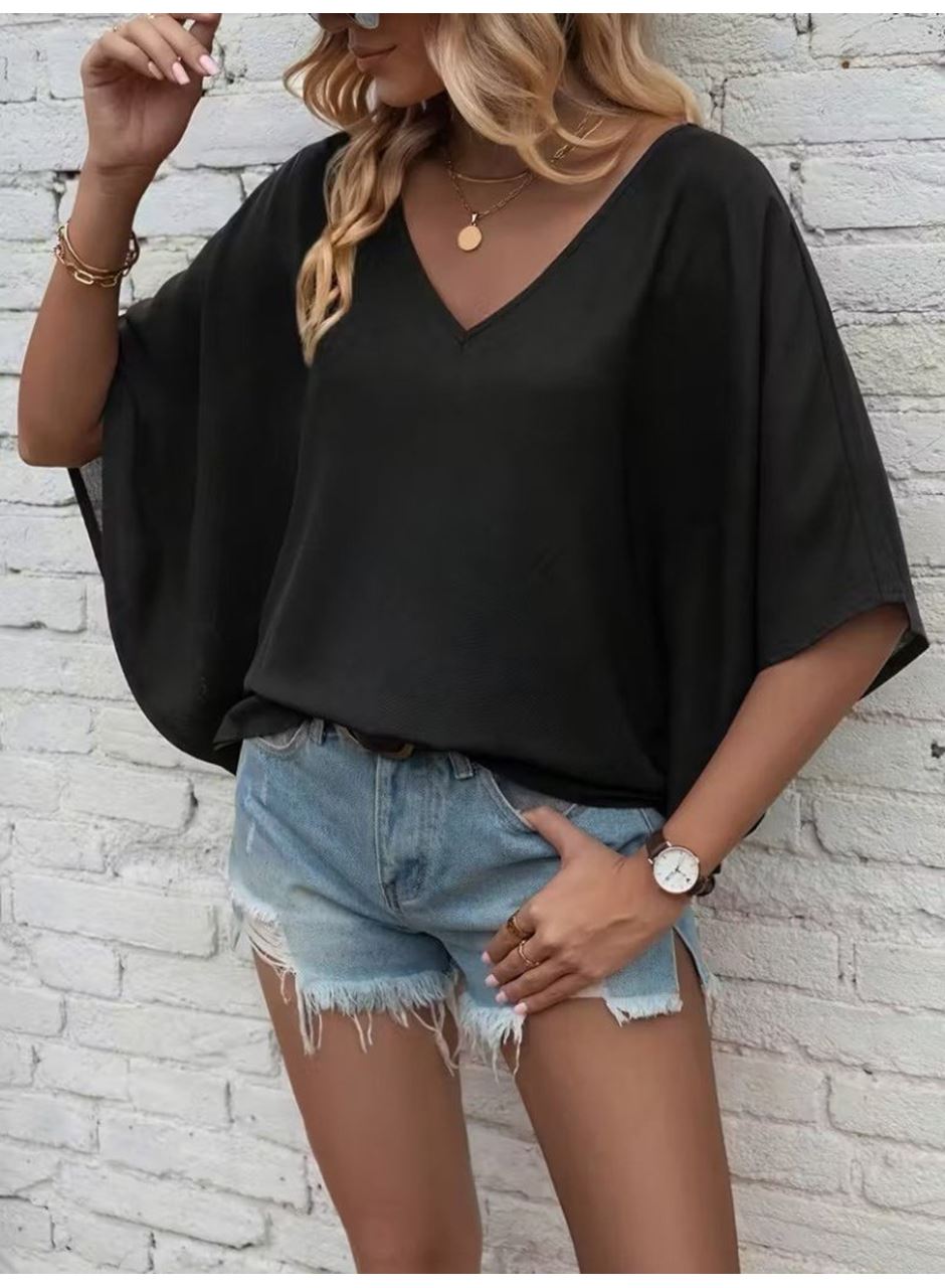 Kadın Kısa Kollu V Yakalı Salaş Viskon Bluz