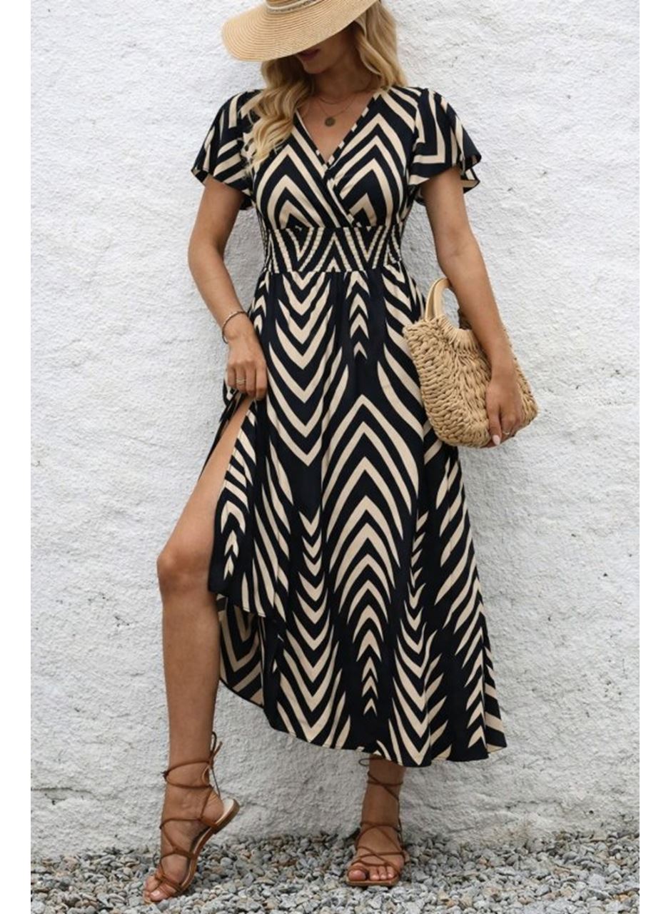 Kadın Kısa Fırfır Kollu Kruvaze Yakalı Beli Lastikli Desenli Uzun Elbise