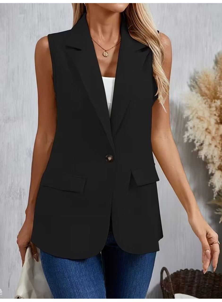 Kadın Kolsuz Yakalı önden Tek Düğmeli Atlas Ceket