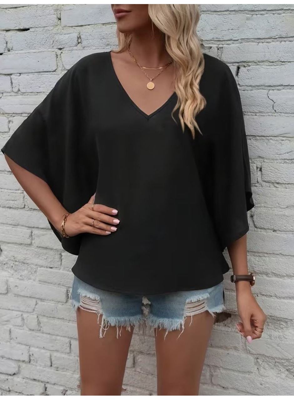 Kadın Kısa Kollu V Yakalı Salaş Viskon Bluz