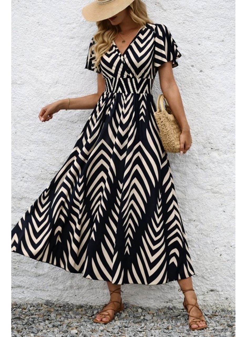 Kadın Kısa Fırfır Kollu Kruvaze Yakalı Beli Lastikli Desenli Uzun Elbise