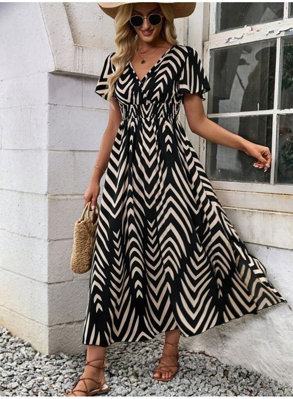 Kadın Kısa Fırfır Kollu Kruvaze Yakalı Beli Lastikli Desenli Uzun Elbise