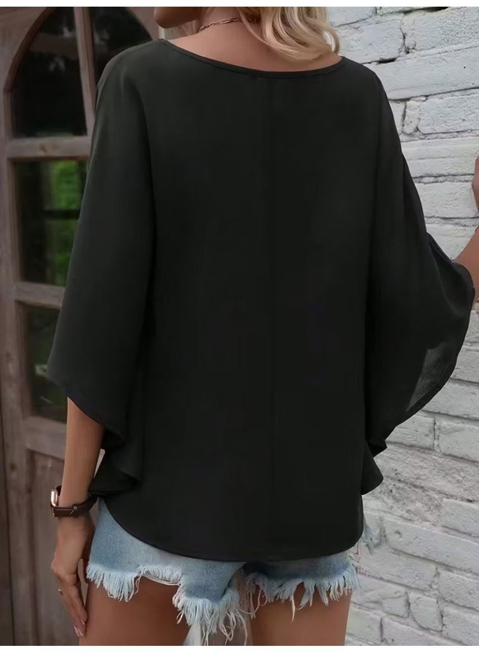 Kadın Kısa Kollu V Yakalı Salaş Viskon Bluz