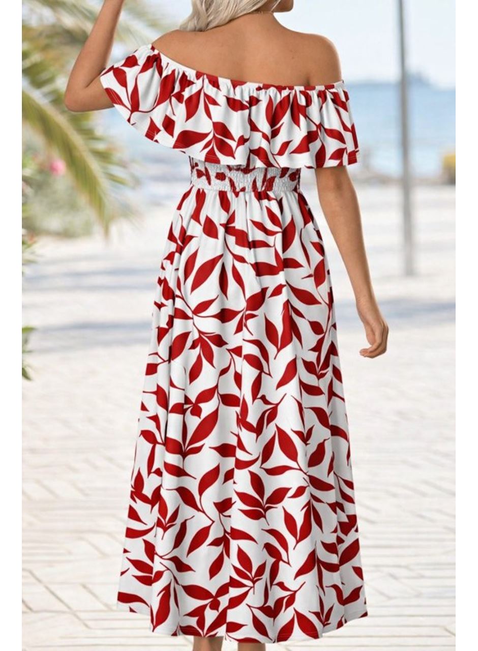 Kadın Madonna Yaka Göğüs Lastikli Yırtmaçlı Uzun Desenli Süprem Elbise