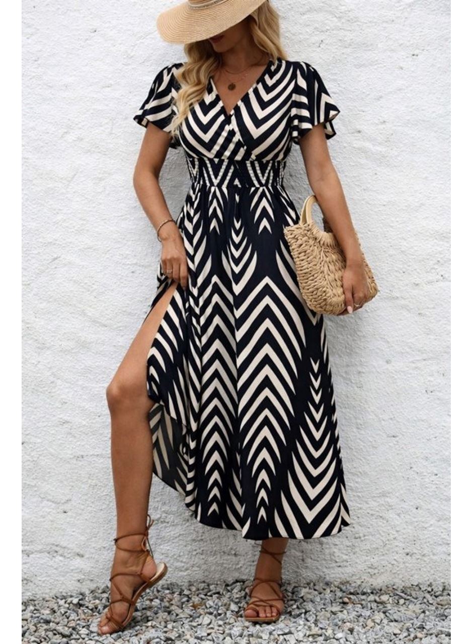 Kadın Kısa Fırfır Kollu Kruvaze Yakalı Beli Lastikli Desenli Uzun Elbise