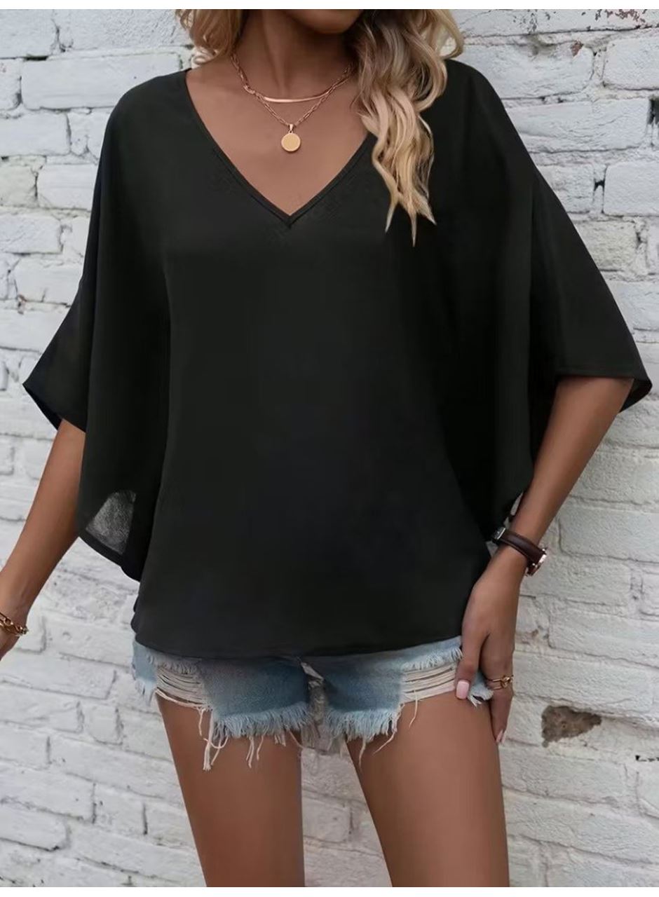 Kadın Kısa Kollu V Yakalı Salaş Viskon Bluz