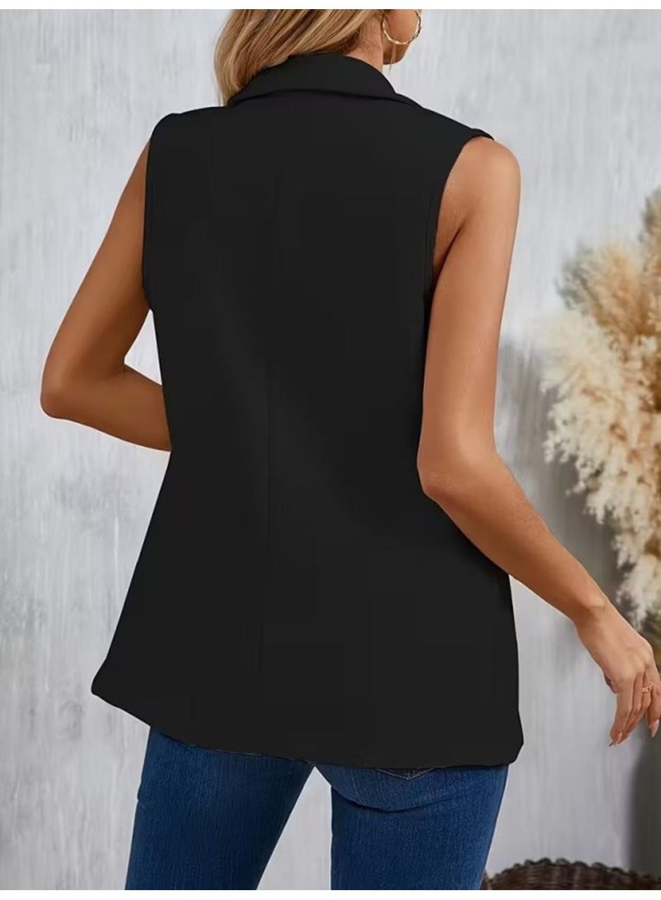 Kadın Kolsuz Yakalı önden Tek Düğmeli Atlas Ceket