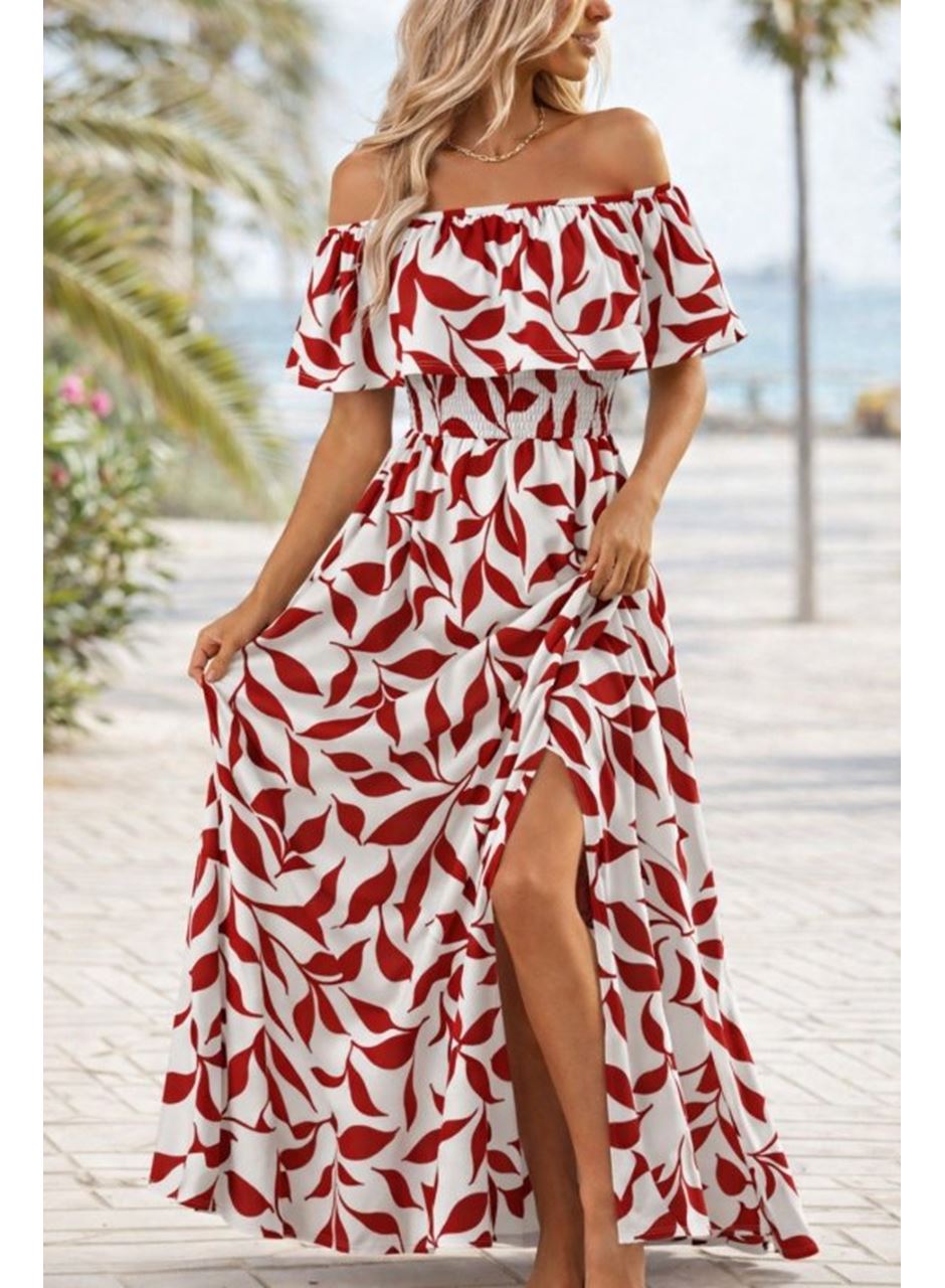 Kadın Madonna Yaka Göğüs Lastikli Yırtmaçlı Uzun Desenli Süprem Elbise