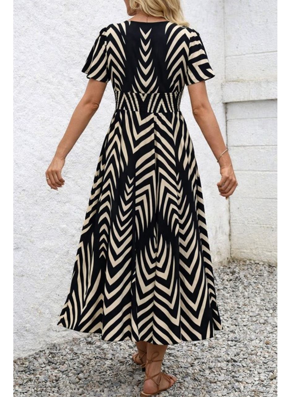 Kadın Kısa Fırfır Kollu Kruvaze Yakalı Beli Lastikli Desenli Uzun Elbise