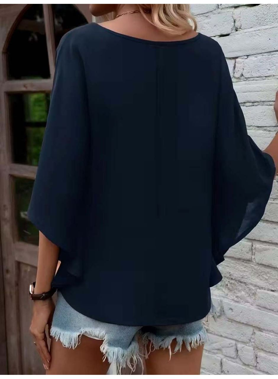 Kadın Kısa Kollu V Yakalı Salaş Viskon Bluz