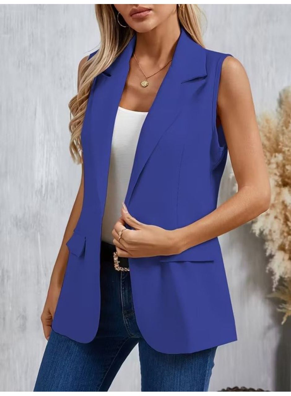 Kadın Kolsuz Yakalı önden Tek Düğmeli Atlas Ceket