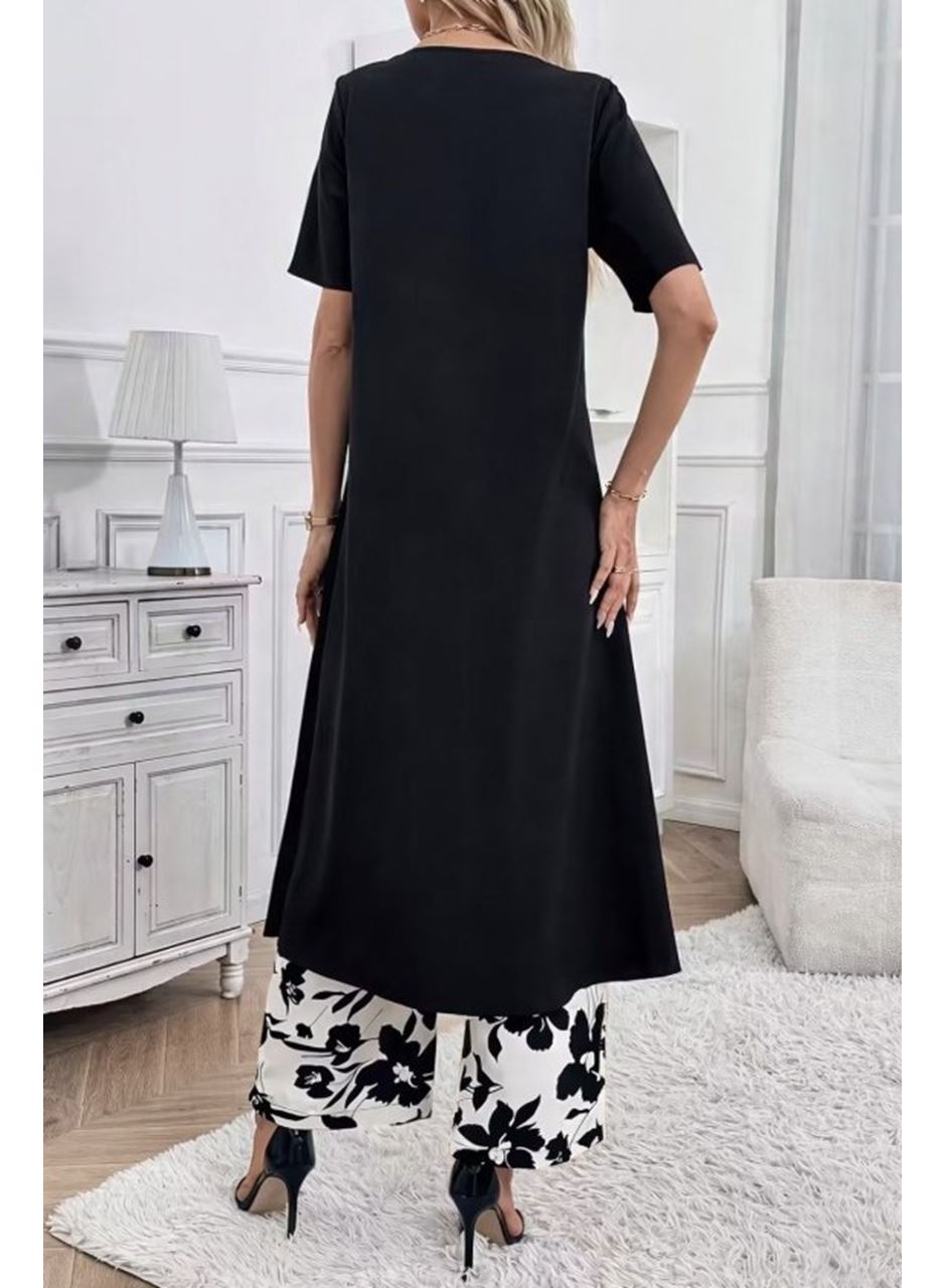 Kadın Kısa Kollu önden çapraz Detaylı Viskon Uzun Bluz Ve Desenli Iki Iplik Pantolon Ikili Takım