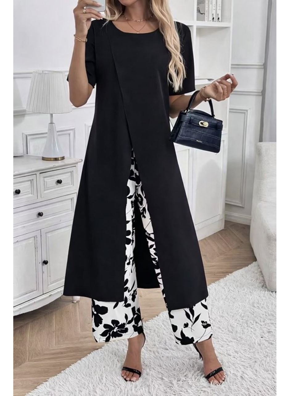 Kadın Kısa Kollu önden çapraz Detaylı Viskon Uzun Bluz Ve Desenli Iki Iplik Pantolon Ikili Takım