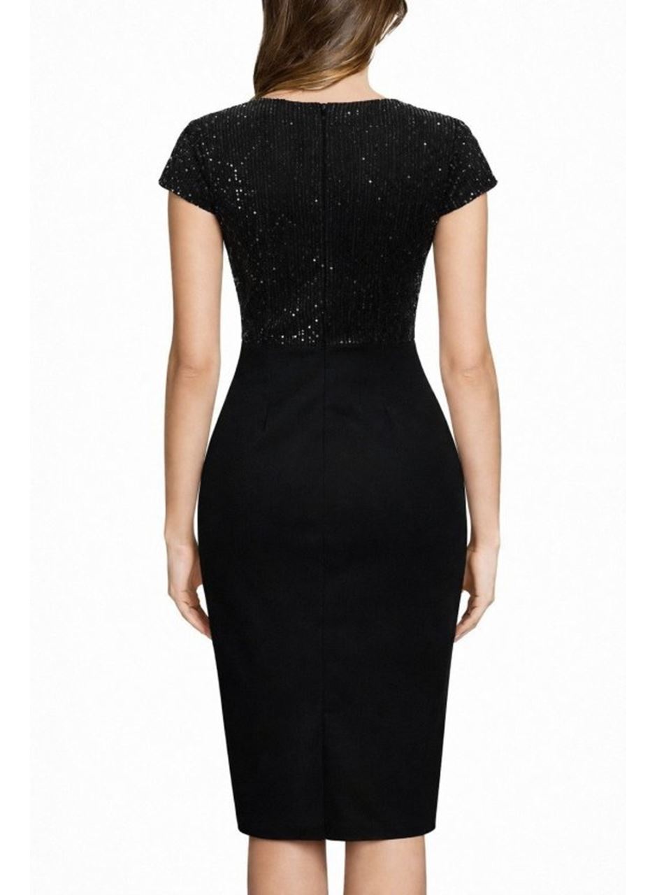 Kadın Kısa Kollu Kruvaze Yakalı ışıltı Detaylı Midi Ithal Krep Elbise