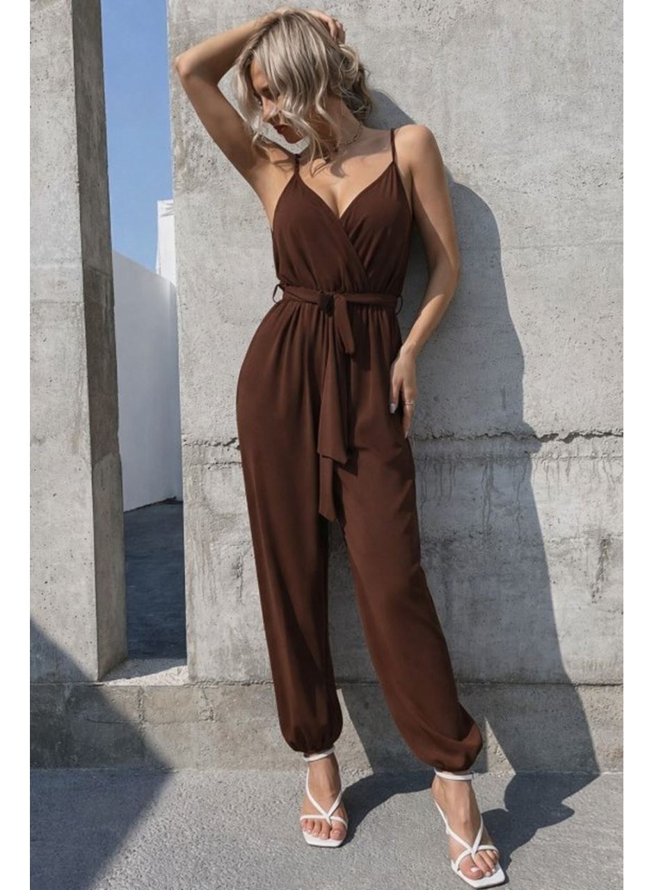 Kadın Ip Askılı Kruvaze Yakalı Belden Kuşaklı Uzun Sandy Tulum