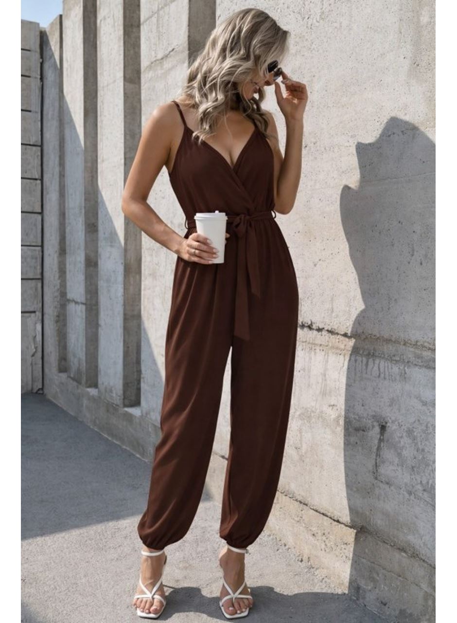 Kadın Ip Askılı Kruvaze Yakalı Belden Kuşaklı Uzun Sandy Tulum