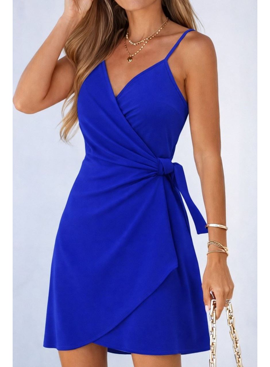 Kadın Ip Askılı Kruvaze Yakalı Belden Kuşaklı Kısa Janjan Krep Elbise