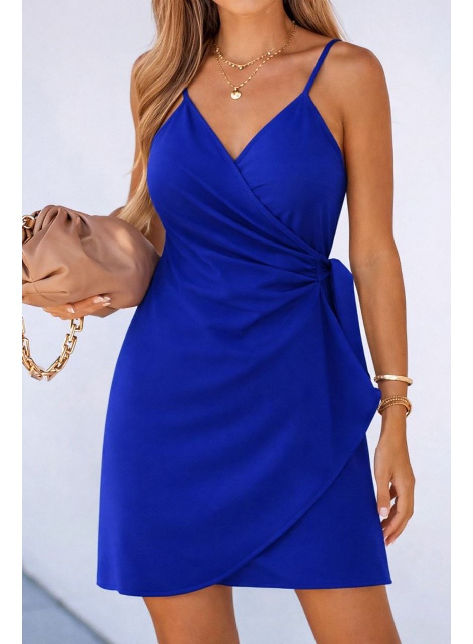 Kadın Ip Askılı Kruvaze Yakalı Belden Kuşaklı Kısa Janjan Krep Elbise