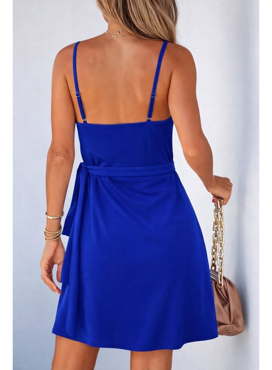 Kadın Ip Askılı Kruvaze Yakalı Belden Kuşaklı Kısa Janjan Krep Elbise