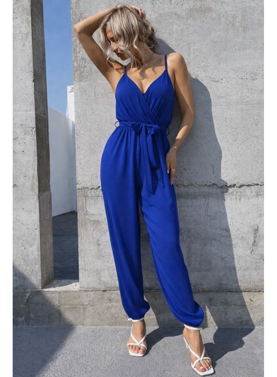 Kadın Ip Askılı Kruvaze Yakalı Belden Kuşaklı Uzun Sandy Tulum